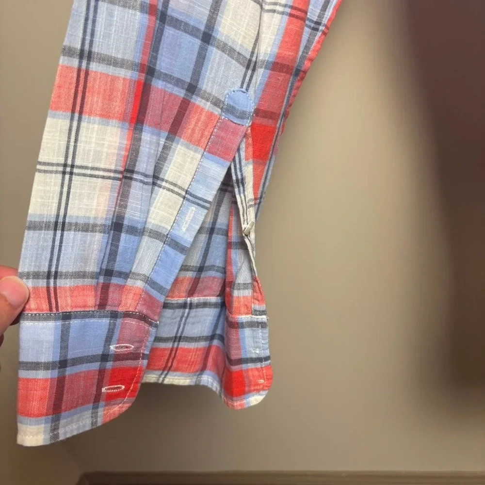 JCrew Blue Red Plaid Gauze Popover Long Sleeve Half Button Shirt Blouse Women XL